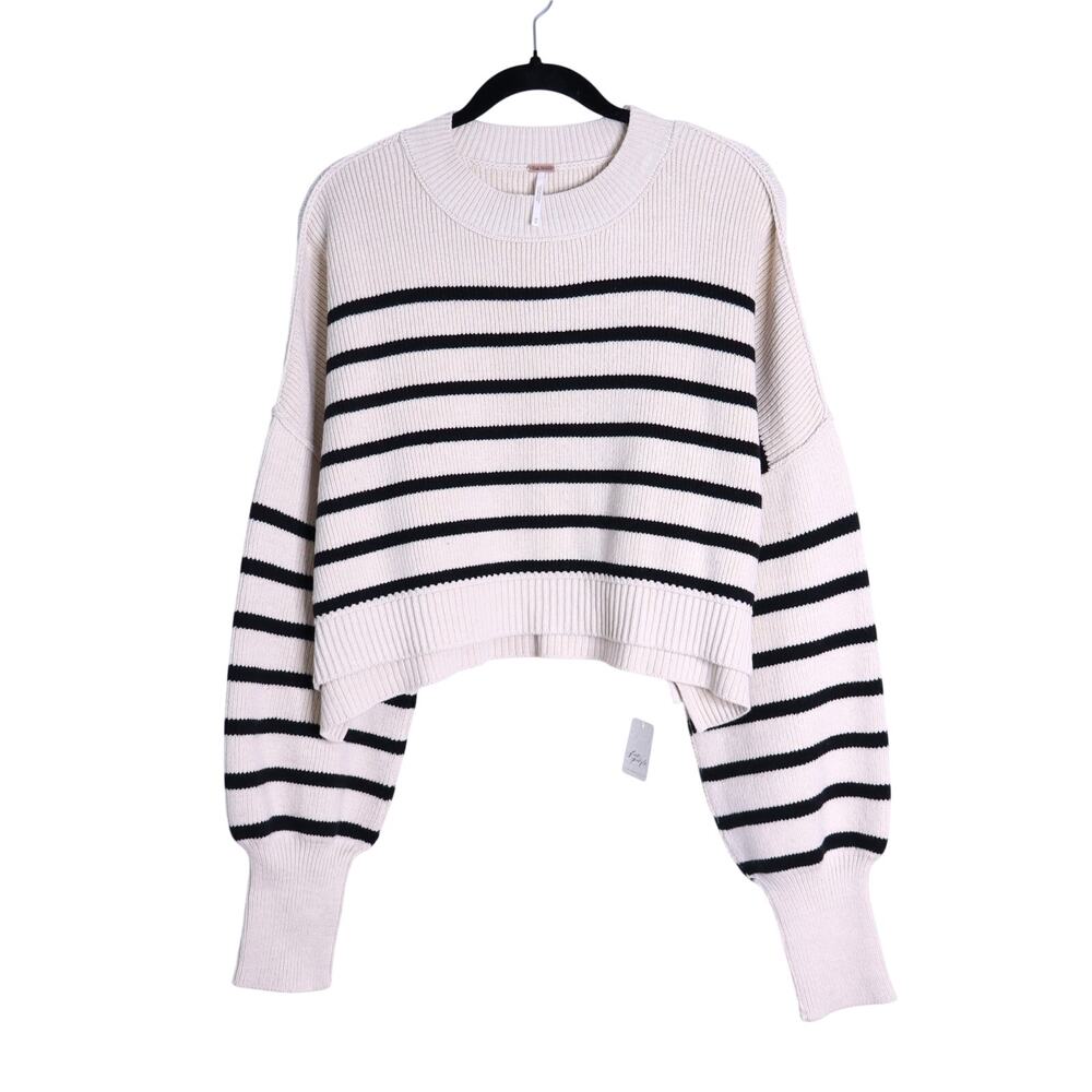FREE PEOPLE Stripe Easy Street Crop Sweater NWT Pearl Combo Pullover Women's M - Picture 2 of 12